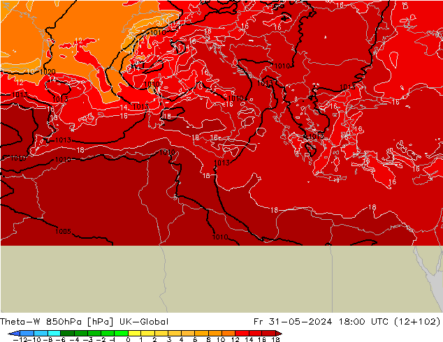 Theta-W 850hPa UK-Global Fr 31.05.2024 18 UTC