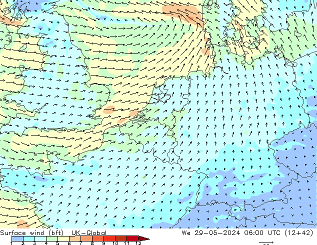 Vento 10 m (bft) UK-Global mer 29.05.2024 06 UTC