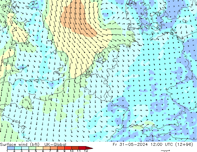 Surface wind (bft) UK-Global Pá 31.05.2024 12 UTC