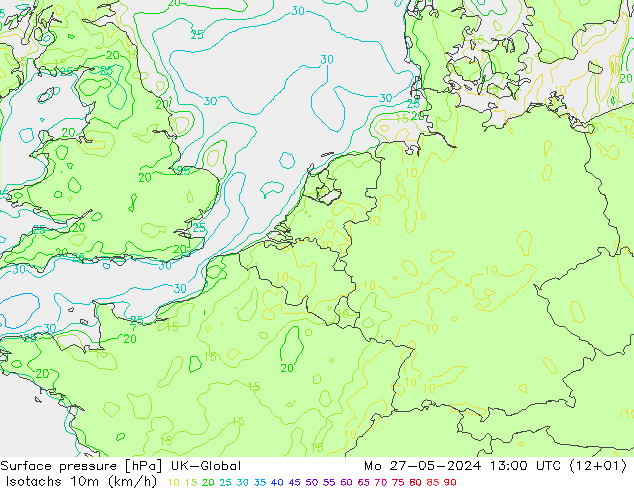 Isotachs (kph) UK-Global пн 27.05.2024 13 UTC