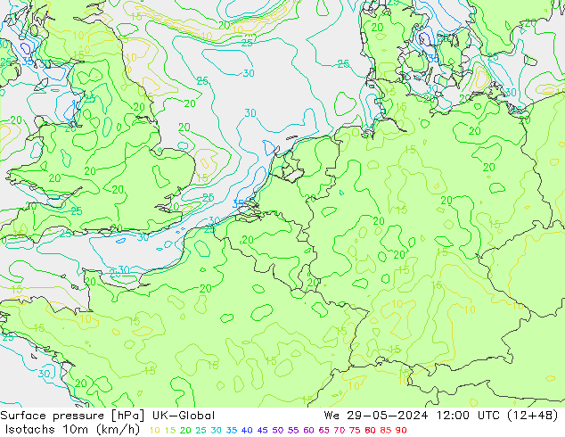 Isotachen (km/h) UK-Global Mi 29.05.2024 12 UTC