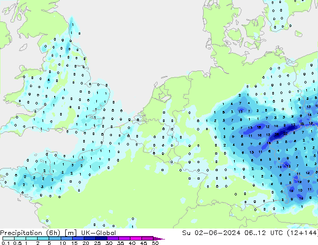 Precipitation (6h) UK-Global Su 02.06.2024 12 UTC