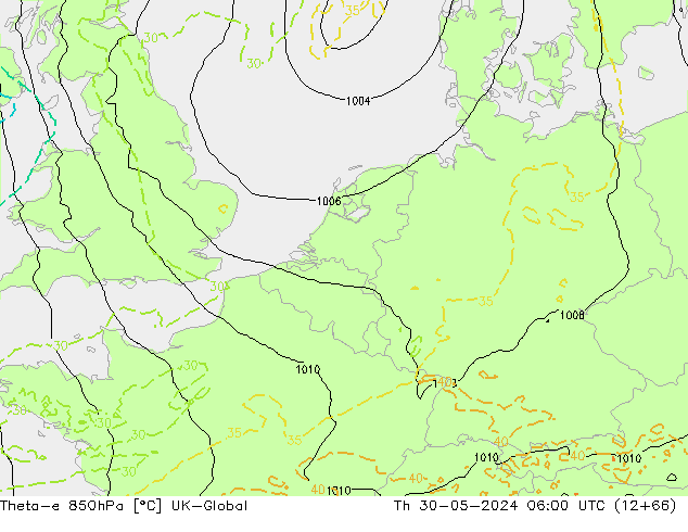 Theta-e 850hPa UK-Global do 30.05.2024 06 UTC