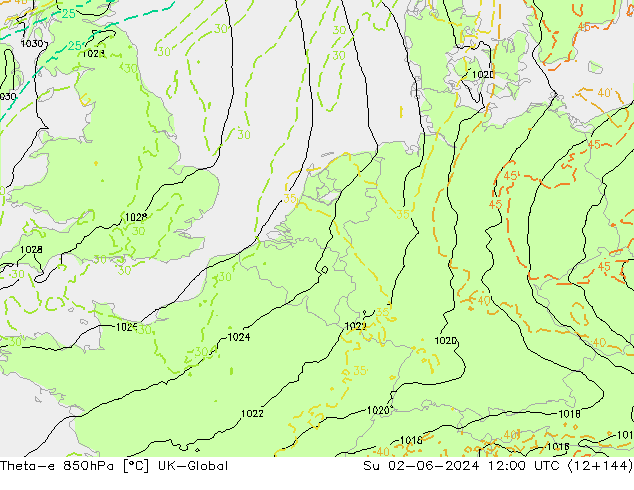 Theta-e 850hPa UK-Global zo 02.06.2024 12 UTC