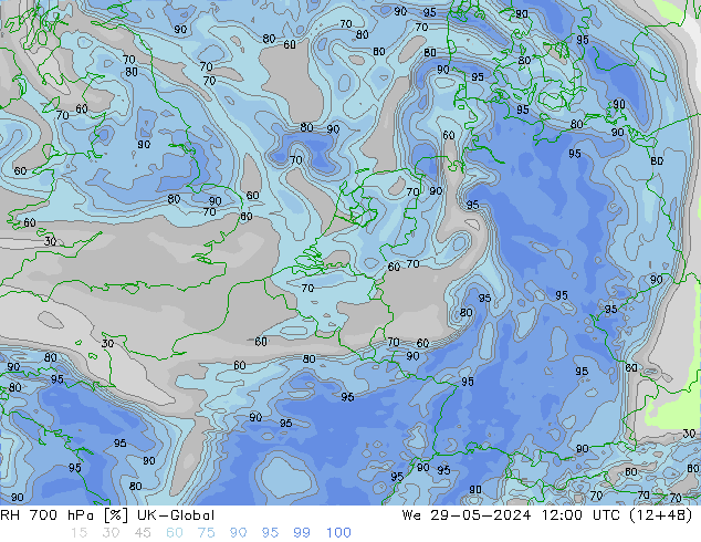 RH 700 hPa UK-Global śro. 29.05.2024 12 UTC