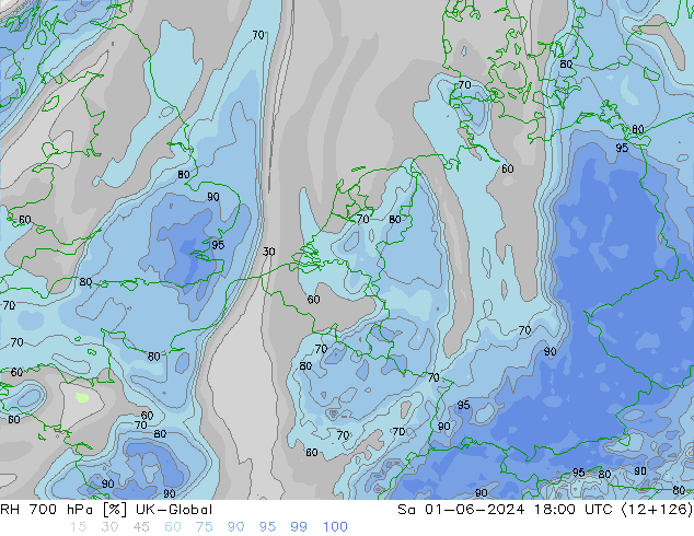 Humidité rel. 700 hPa UK-Global sam 01.06.2024 18 UTC