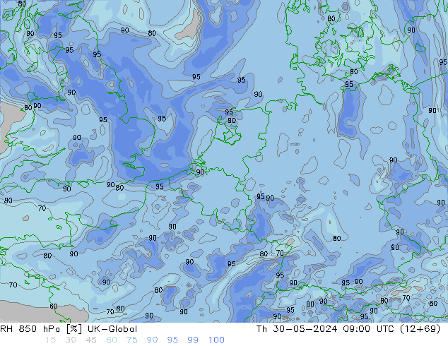 Humedad rel. 850hPa UK-Global jue 30.05.2024 09 UTC