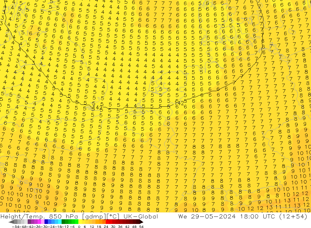 Yükseklik/Sıc. 850 hPa UK-Global Çar 29.05.2024 18 UTC