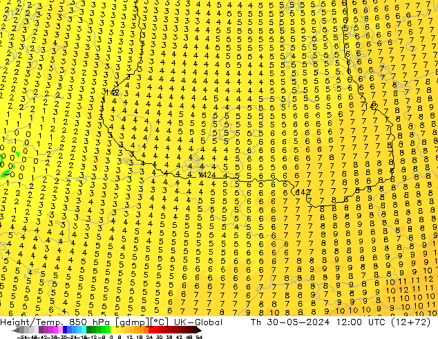 Hoogte/Temp. 850 hPa UK-Global do 30.05.2024 12 UTC