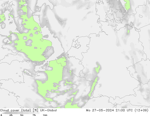 Cloud cover (total) UK-Global Mo 27.05.2024 21 UTC