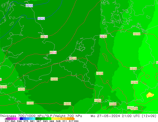 Thck 700-1000 hPa UK-Global Mo 27.05.2024 21 UTC