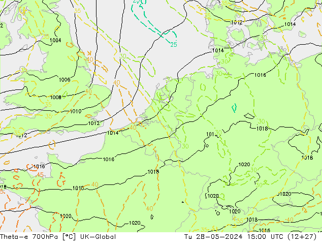 Theta-e 700hPa UK-Global wto. 28.05.2024 15 UTC