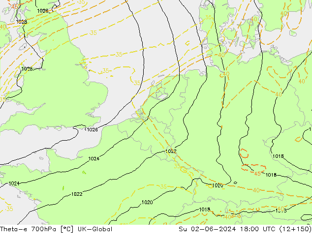 Theta-e 700hPa UK-Global nie. 02.06.2024 18 UTC