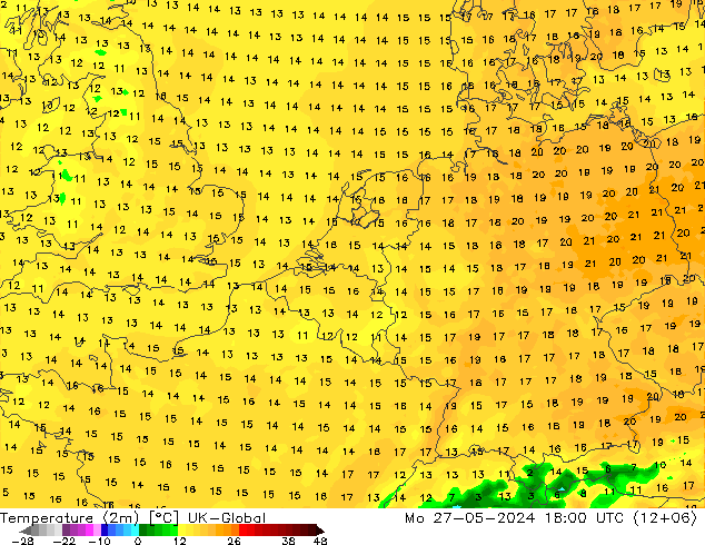 Temperaturkarte (2m) UK-Global Mo 27.05.2024 18 UTC