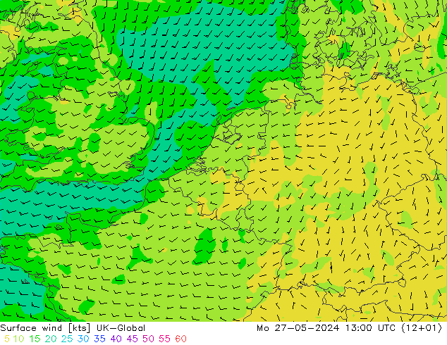 Surface wind UK-Global Mo 27.05.2024 13 UTC