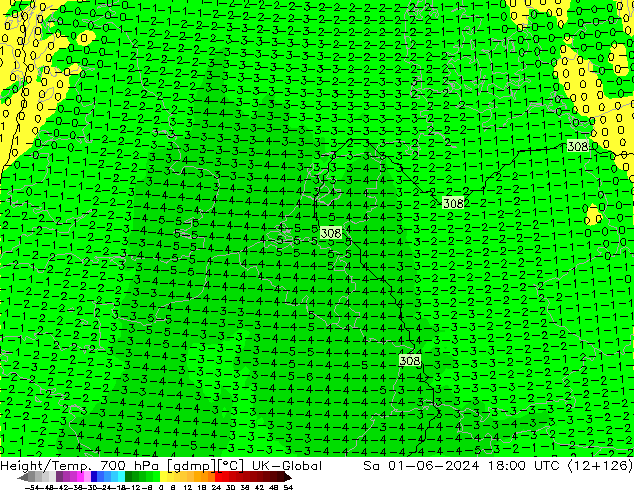 Height/Temp. 700 hPa UK-Global Sa 01.06.2024 18 UTC