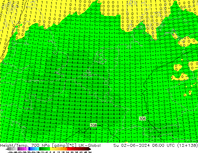 Height/Temp. 700 hPa UK-Global Su 02.06.2024 06 UTC