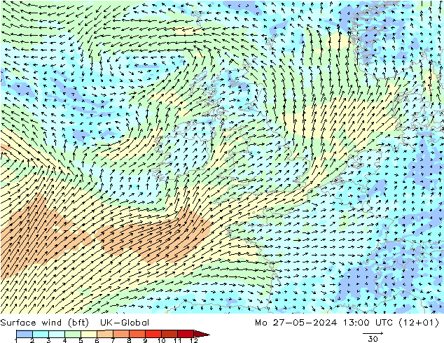 Wind 10 m (bft) UK-Global ma 27.05.2024 13 UTC