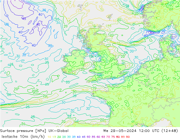 Isotachen (km/h) UK-Global wo 29.05.2024 12 UTC