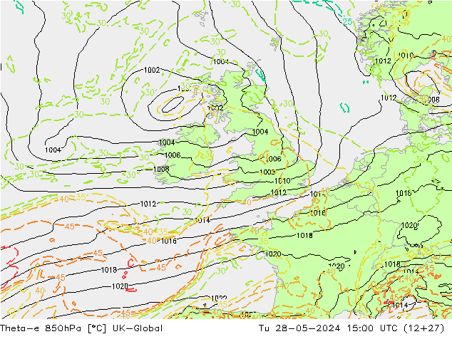 Theta-e 850hPa UK-Global mar 28.05.2024 15 UTC