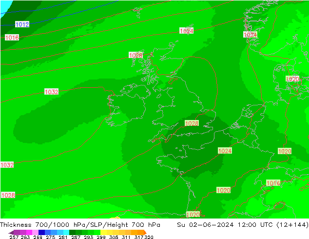 Thck 700-1000 hPa UK-Global Ne 02.06.2024 12 UTC