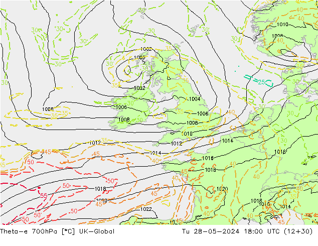 Theta-e 700hPa UK-Global Tu 28.05.2024 18 UTC