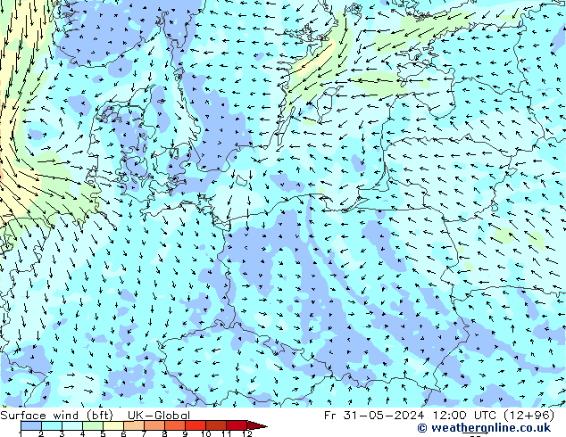 Surface wind (bft) UK-Global Pá 31.05.2024 12 UTC