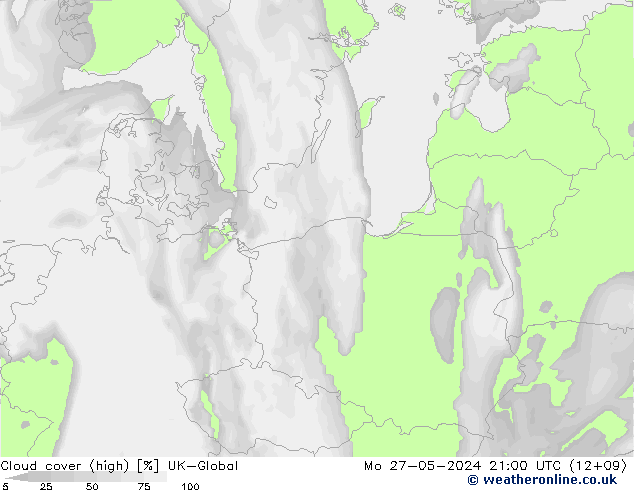 Cloud cover (high) UK-Global Mo 27.05.2024 21 UTC