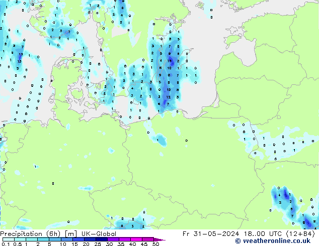 Totale neerslag (6h) UK-Global vr 31.05.2024 00 UTC