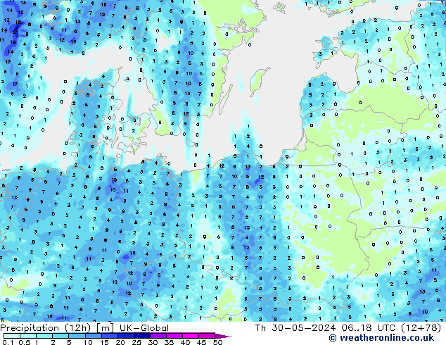 Precipitation (12h) UK-Global Čt 30.05.2024 18 UTC