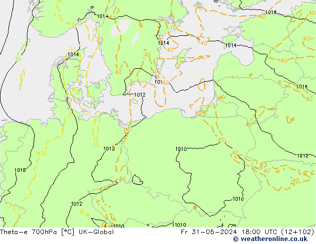 Theta-e 700hPa UK-Global vr 31.05.2024 18 UTC