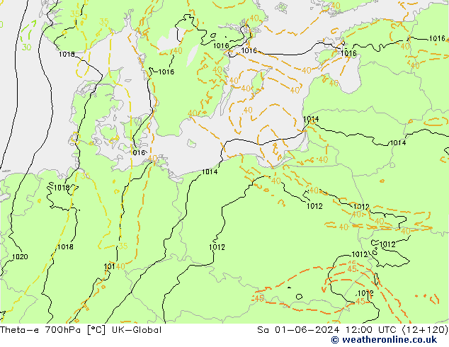 Theta-e 700hPa UK-Global  01.06.2024 12 UTC