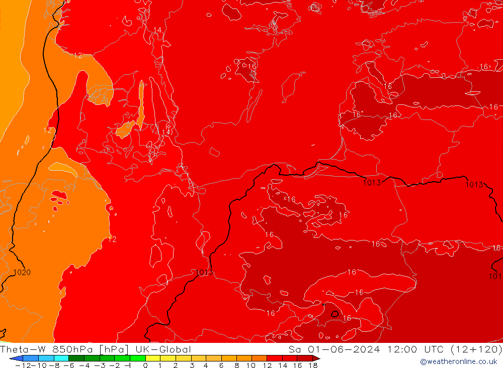 Theta-W 850hPa UK-Global za 01.06.2024 12 UTC