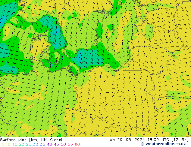 Surface wind UK-Global St 29.05.2024 18 UTC