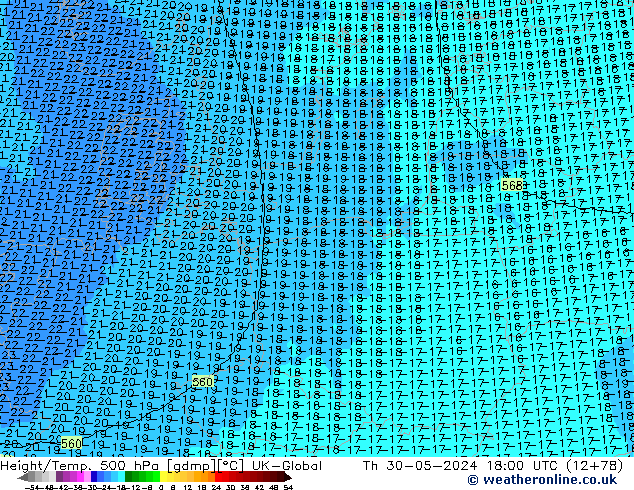 Height/Temp. 500 hPa UK-Global Čt 30.05.2024 18 UTC