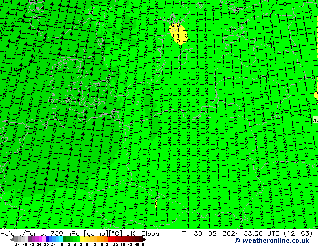 Geop./Temp. 700 hPa UK-Global jue 30.05.2024 03 UTC