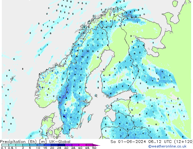 Precipitazione (6h) UK-Global sab 01.06.2024 12 UTC