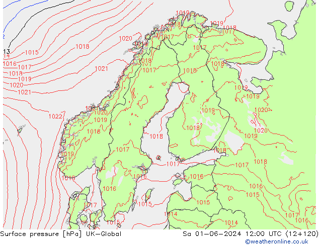 Presión superficial UK-Global sáb 01.06.2024 12 UTC