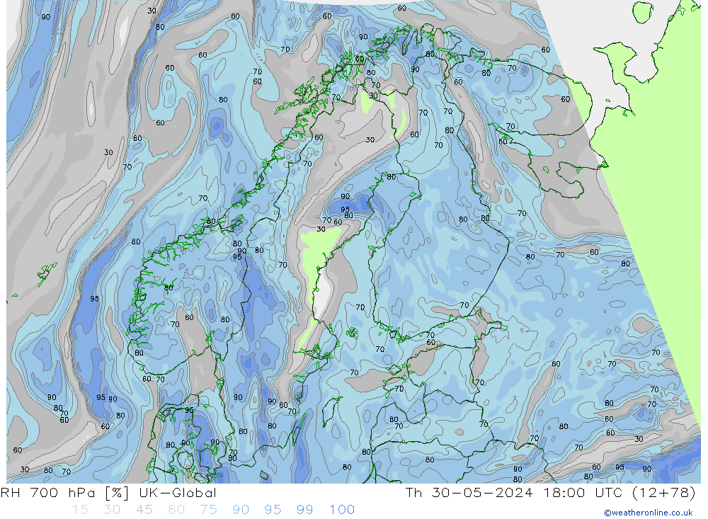 RH 700 hPa UK-Global czw. 30.05.2024 18 UTC