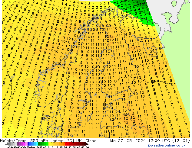 Height/Temp. 850 hPa UK-Global Mo 27.05.2024 13 UTC