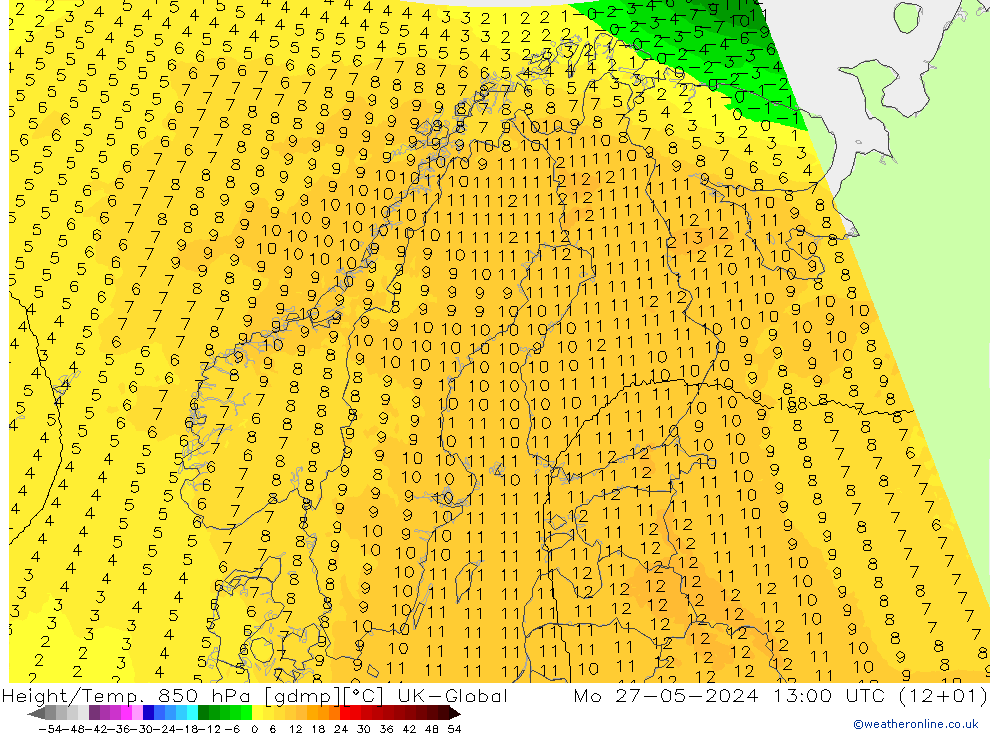 Géop./Temp. 850 hPa UK-Global lun 27.05.2024 13 UTC