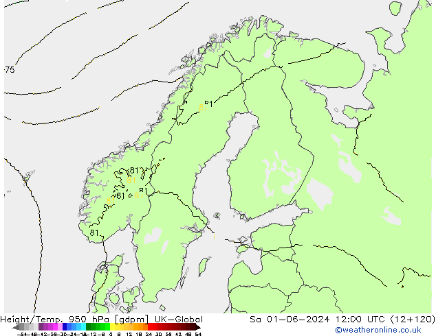 Height/Temp. 950 hPa UK-Global sab 01.06.2024 12 UTC