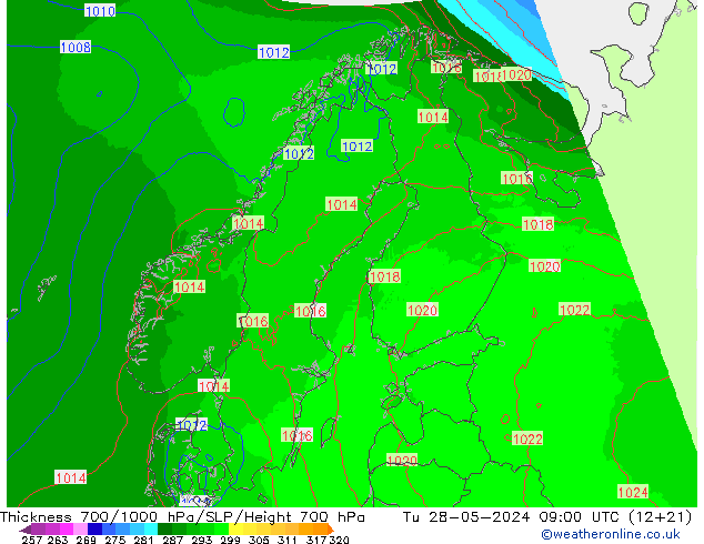 Thck 700-1000 hPa UK-Global Út 28.05.2024 09 UTC