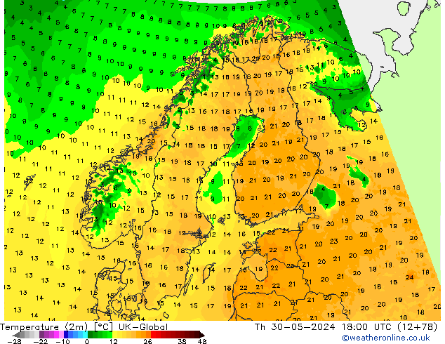 mapa temperatury (2m) UK-Global czw. 30.05.2024 18 UTC
