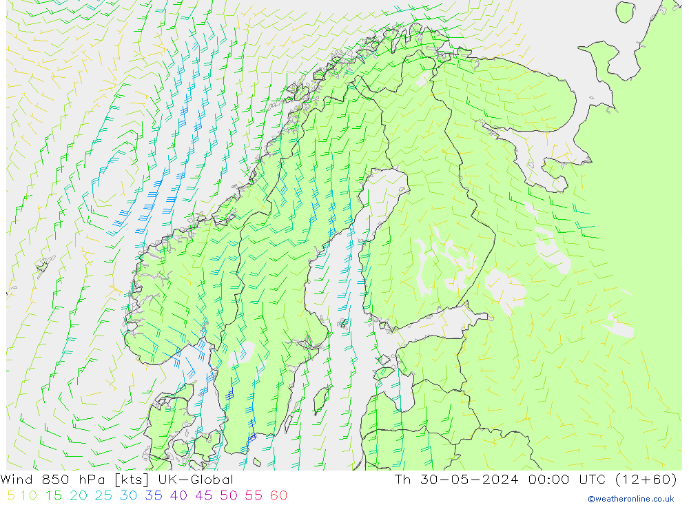 Wind 850 hPa UK-Global Th 30.05.2024 00 UTC