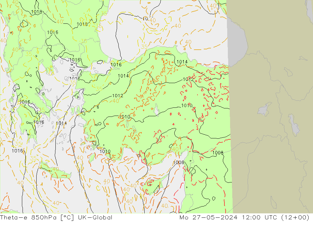 Theta-e 850hPa UK-Global Mo 27.05.2024 12 UTC