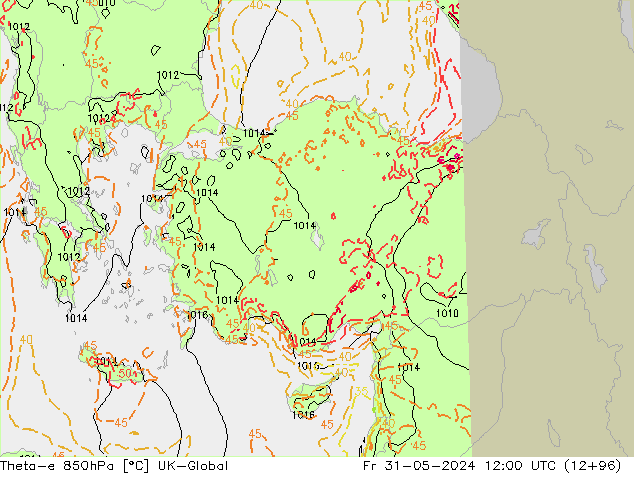 Theta-e 850hPa UK-Global vr 31.05.2024 12 UTC