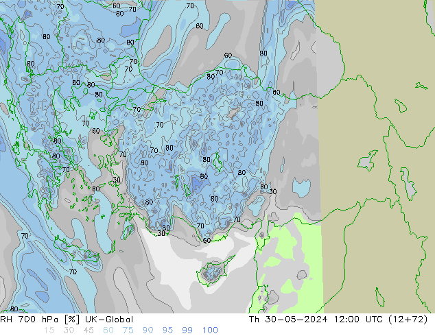 RH 700 hPa UK-Global Th 30.05.2024 12 UTC
