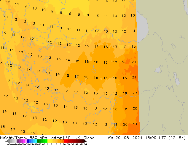 Height/Temp. 850 hPa UK-Global mer 29.05.2024 18 UTC