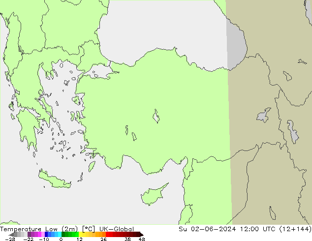 Temp. minima (2m) UK-Global dom 02.06.2024 12 UTC